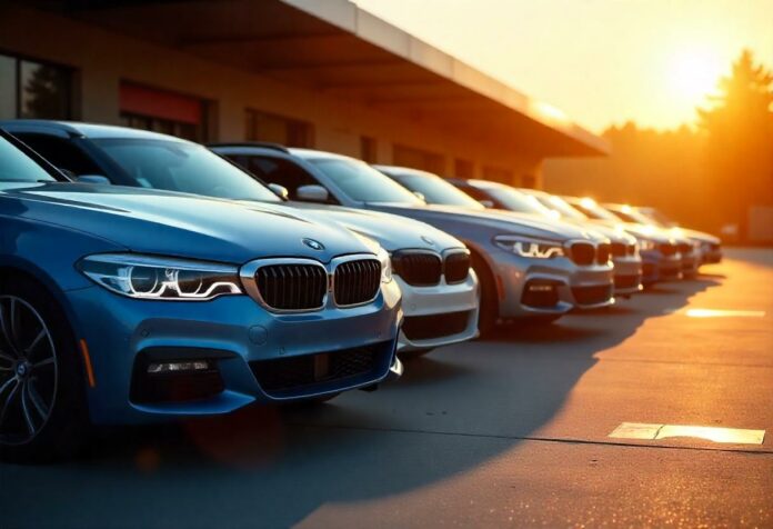 BMW Unfallwagen auf einem Händlerhof, darunter BMW 3er, 5er und X5 Modelle mit sichtbaren Schäden, bereit zum Verkauf oder Export 2024.